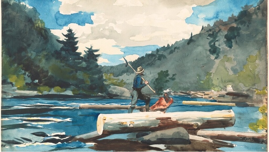 A watercolor painting shows two men riding logs down a scenic river with forested hills.